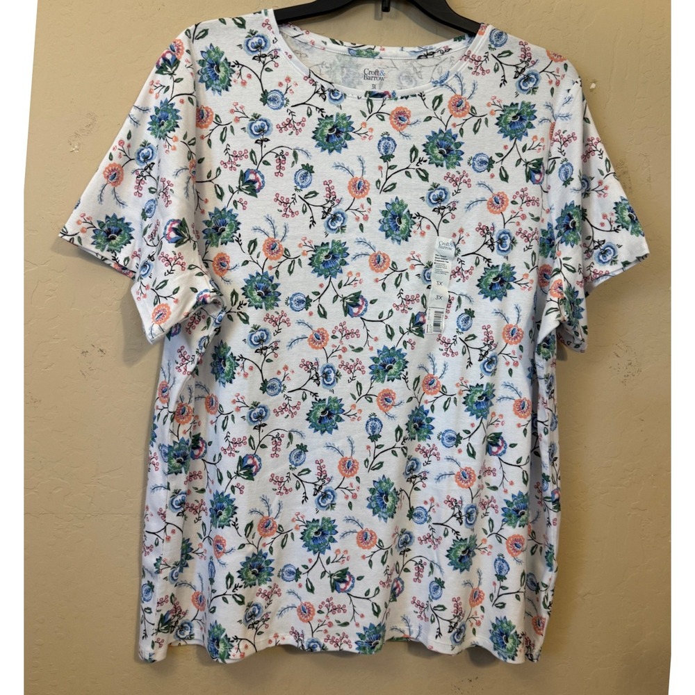 Croft & Barrow T-Shirt Women 3X White Floral Classic Short Sleeve Tee NEW